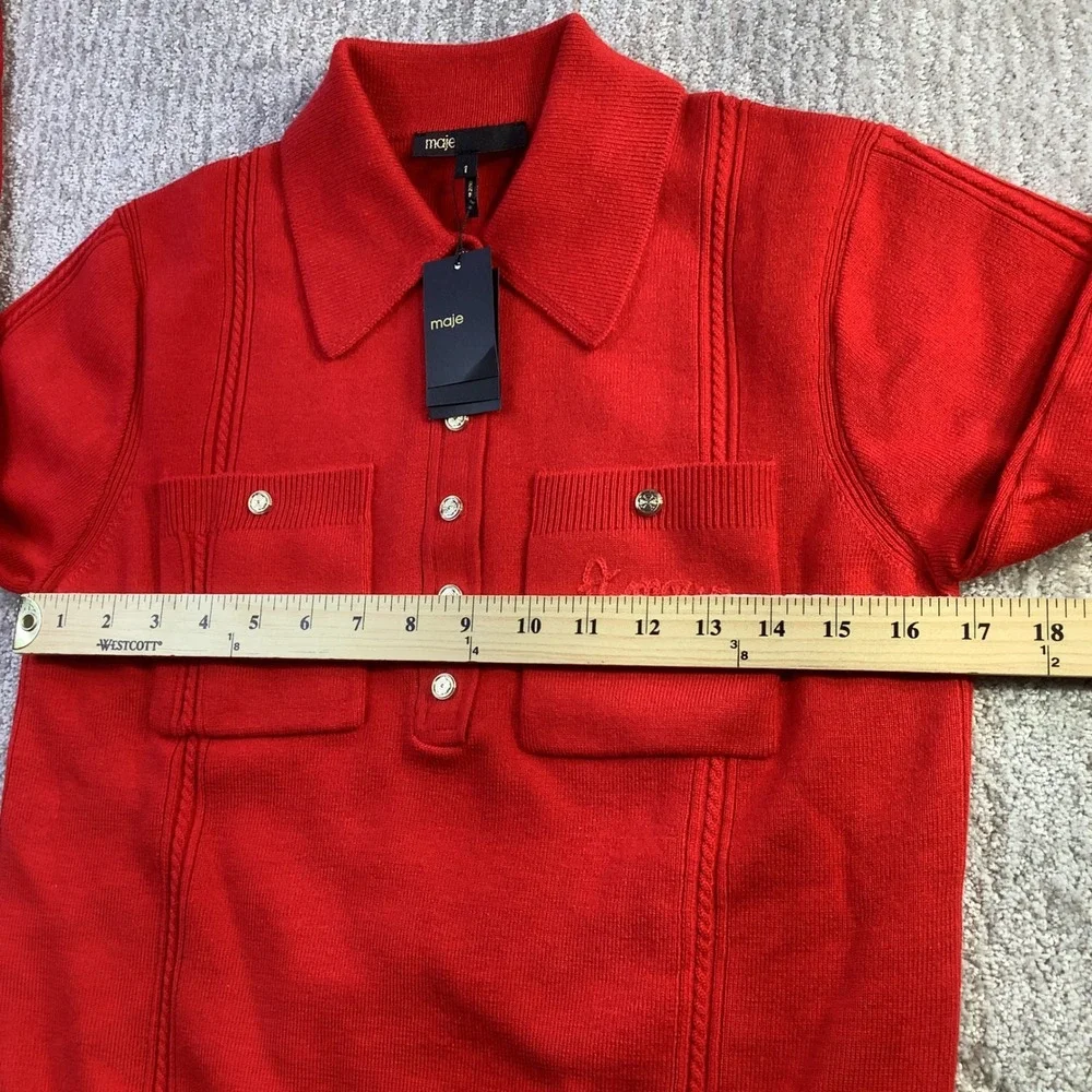 Maje Mizoly Red‎ Wool Blend Embroidered Polo Sweater Gold Buttons Size 1 NWT